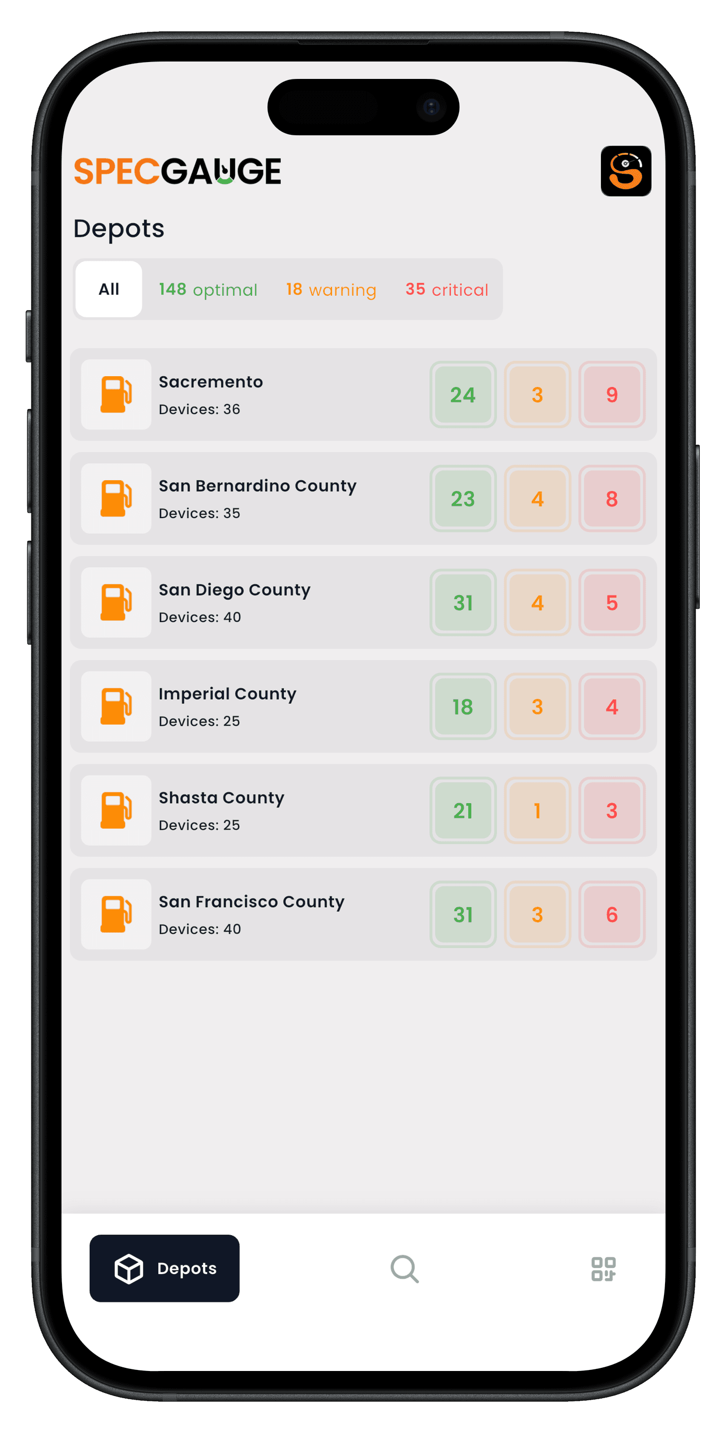The SpecGauge mobile app showing live tank levels across depots